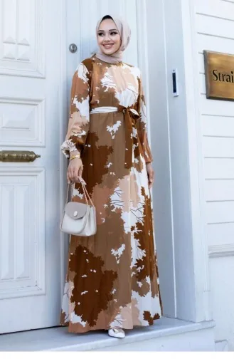 Leaf Patterned Hijab Brown Dress 450
