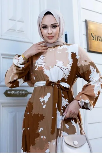 Leaf Patterned Hijab Brown Dress 450
