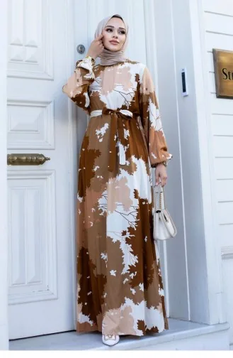 Leaf Patterned Hijab Brown Dress 450