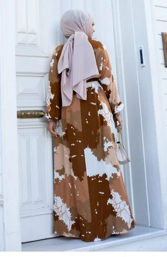 Leaf Patterned Hijab Brown Dress 450