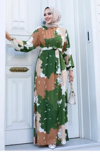 Robe Verte Hijab à Motifs De Feuilles 451