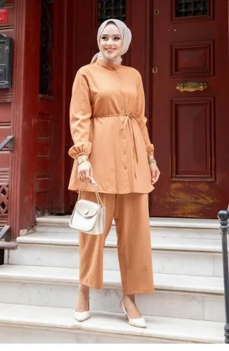 Judge Collar Detailed Hijab Camel Suit 467