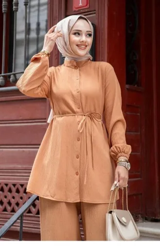 Judge Collar Detailed Hijab Camel Suit 467