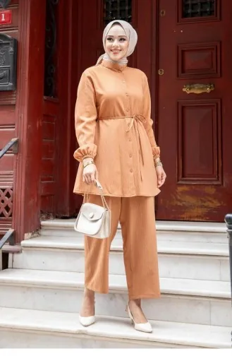 Judge Collar Detailed Hijab Camel Suit 467