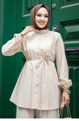 Judge Collar Detailed Hijab Beige Suit 469