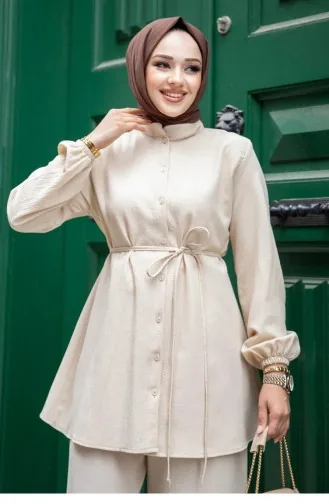 Detaillierter Hijab-Anzug In Beige Mit Richterkragen 469