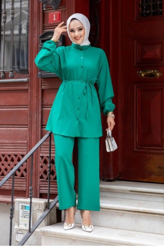 Judge Collar Detailed Hijab Green Suit 471