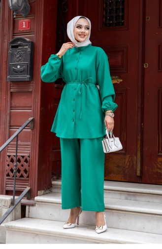 Judge Collar Detailed Hijab Green Suit 471