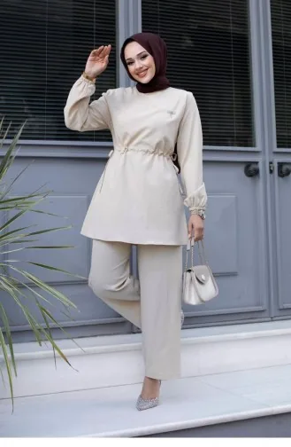 Costume Beige Hijab Détail Bronze 479