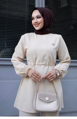 Costume Beige Hijab Détail Bronze 479