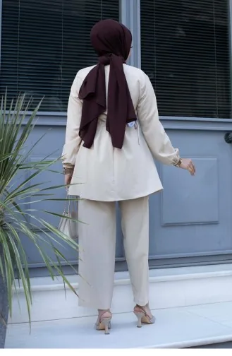 Costume Beige Hijab Détail Bronze 479