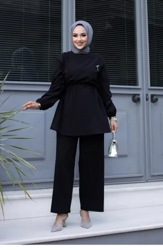 Bronze Detailed Hijab Black Suit 480