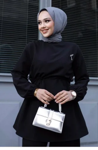 Bronze Detailed Hijab Black Suit 480