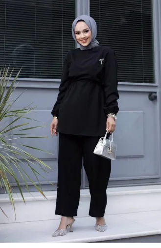 Bronze Detailed Hijab Black Suit 480