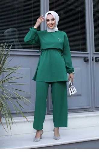 Bronze Detailed Hijab Green Suit 482