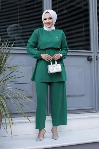 Bronze Detailed Hijab Green Suit 482