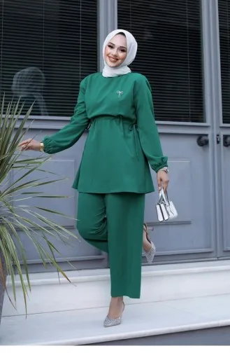 Bronze Detailed Hijab Green Suit 482
