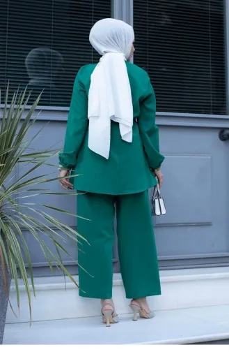 Bronze Detailed Hijab Green Suit 482