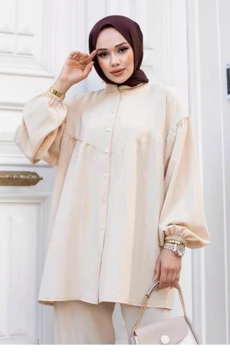 Ensemble Hijab Beige à Manches Ballon 488