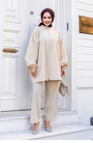 Ensemble Hijab Beige à Manches Ballon 488