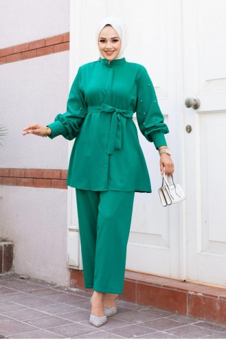 Pearl Sleeve Detailed Hijab Green Suit 494