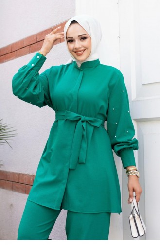 Pearl Sleeve Detailed Hijab Green Suit 494