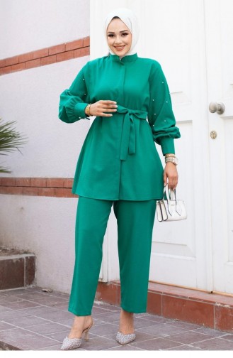Pearl Sleeve Detailed Hijab Green Suit 494