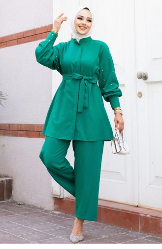 Pearl Sleeve Detailed Hijab Green Suit 494