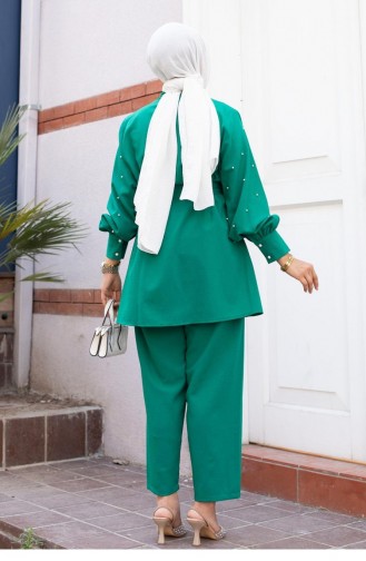 Pearl Sleeve Detailed Hijab Green Suit 494