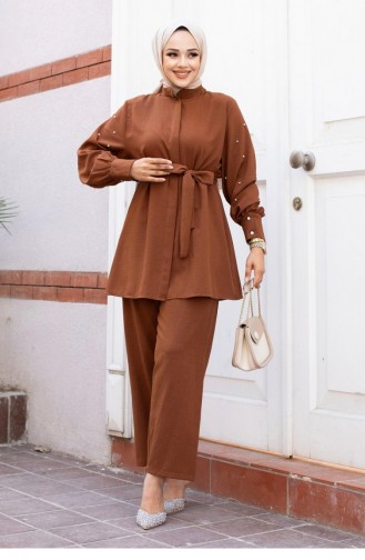 Pearl Sleeve Detailed Hijab Brown Suit 495