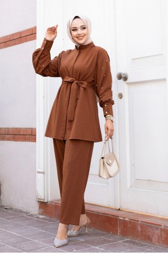 Pearl Sleeve Detailed Hijab Brown Suit 495