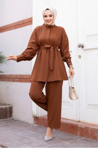 Pearl Sleeve Detailed Hijab Brown Suit 495