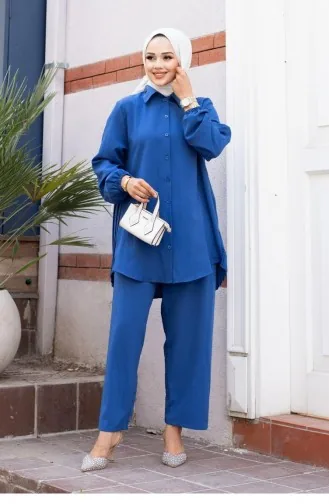 Pleated Detailed Hijab Indigo Suit 500