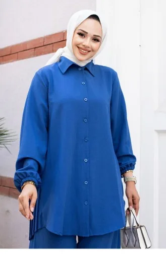 بدلة حجاب مفصلة ومطويات باللون النيلي 500