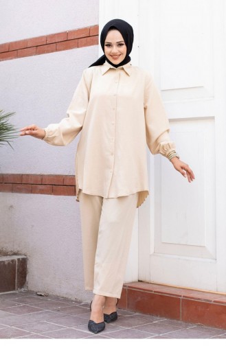 Pleated Detailed Hijab Beige Suit 501