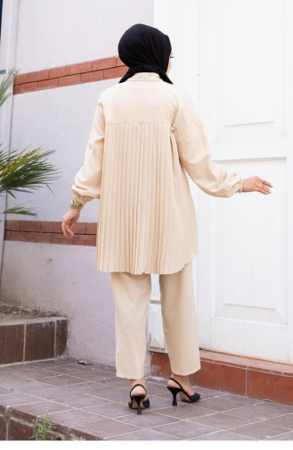 Pleated Detailed Hijab Beige Suit 501