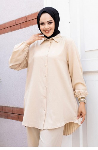 Pleated Detailed Hijab Beige Suit 501