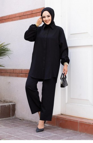 Plissierter Detaillierter Hijab-Schwarzanzug 502