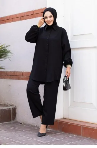 Geplooid Gedetailleerd Hijab Zwart Pak 502