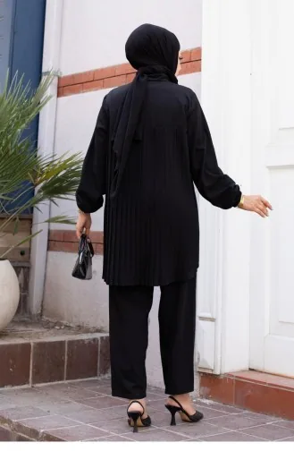 Geplooid Gedetailleerd Hijab Zwart Pak 502