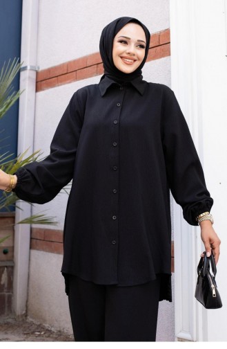 Plissierter Detaillierter Hijab-Schwarzanzug 502