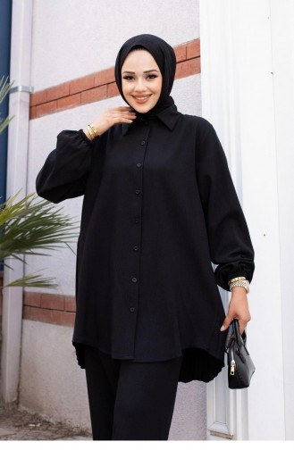 Plissierter Detaillierter Hijab-Schwarzanzug 502