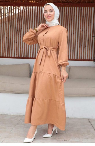 Robe Hijab Saumon Foncé Avec Boutons Détaillés 503