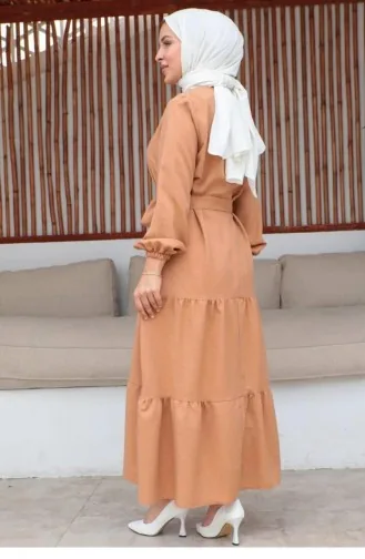 Dunkellachsfarbenes Hijab-Kleid Mit Knopfdetail 503