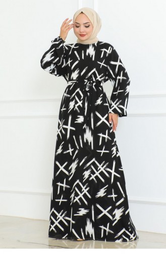 Jurk Met Riem En Borstelmotief Zwart 4335 506