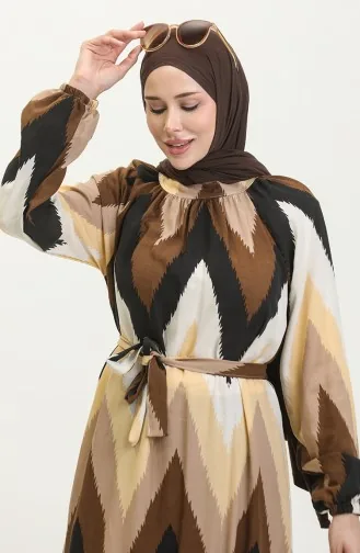 فستان فيسكوز منقوش  0438-01 بني 0438-01