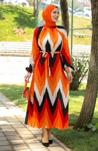 Desenli Viskon Elbise 0438-07 Oranj Siyah