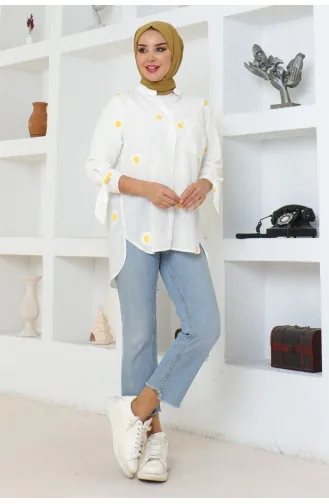 Ananas Detaylı Poplin Koton Gömlek 602-01 Beyaz