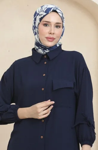 بدلة مزدوجة تونيك وبنطال بتفاصيل جيوب 1007-04 لون كحلي 1007-04