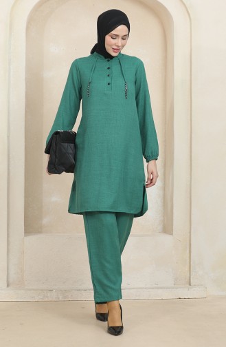 Button Detailed Tunic Trousers Two Piece Suit 1004-02 Green 1004-02